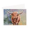 Colourful Scottish Highland Cow artwork greeting card. Landscape format