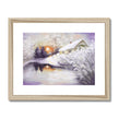 Magical winter sunset over a village pond, snow covered landscape painting as art prints in light wooden frame with white mount