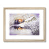 Magical winter sunset over a village pond, snow covered landscape painting as art prints in light wooden frame with white mount