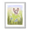 Cute rabbit and meadow flowers. Fine art print in a silver frame.