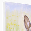 Brown Rabbit peeping over the meadow flowers and grasses artwork, canvas print. Corner detail showing the white wrap.