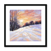 Snowy landscape at sunset painting. Square fine art print in black frame with white mount.