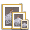 Beautiful woman in white dress, painting. Fine art prints with white boarder and gold frame.