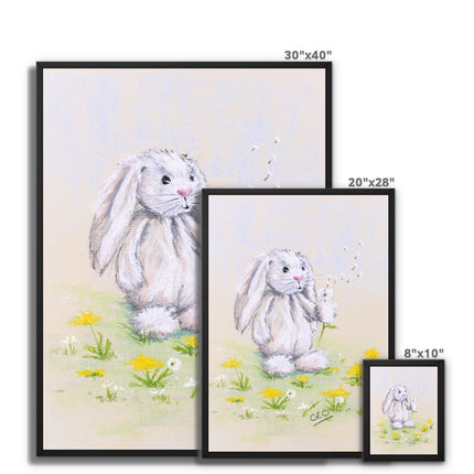 White rabbit and dandelion seed nursery canvas art prints in a black frame. Different sizes