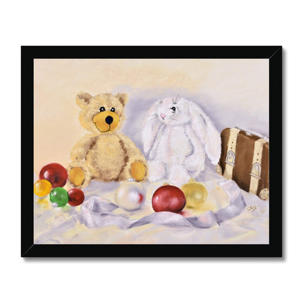 Teddy bear and white fluffy rabbit toy surrounded by Christmas Baubles, fine art print in a black frame. Horizontal frame orientation