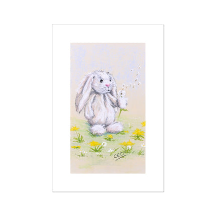 Adorable white rabbit and dandelion seed nursery fine art canvas print. Eco-friendly artwork print