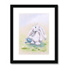 Beautiful white rabbit and watering can, nursery art print in black frame with white mount.