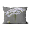 White Queen Anne's Lace flower artwork design sofa cushion. Rectangular. Grey and white.