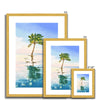 Palm tree artwork. Fine art prints in a gold frame with white mount. Portrait format. Different sizes