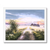 Ethereal misty landscape at sunrise, fine art print in a white frame