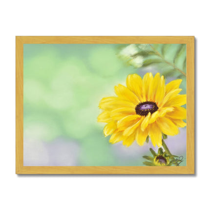 Yellow Dahlia Daisy flower painting. Yellow, mint green and lilac floral art print in golden frame