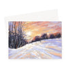 Snowy landscape at sunset, artwork greeting card. Landscape format