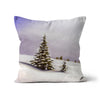 Delicate winter landscape with little fir trees covered in snow, art throw cushion. Square