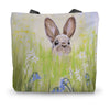 Cute Brown Rabbit in the meadow flowers artwork design ladies tote bag. 