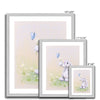 Adorable rabbit, flowers and butterfly nursery art prints in a silver frame. Portrait format. Different sizes