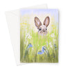 Cute brown rabbit peeping over the meadow flowers artwork greeting card. Horizontal orientation