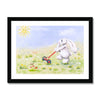 Beautiful rabbit, sunshine and meadow flowers fine art nursery print with white border in a black frame.