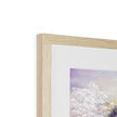 Winter's Magic fine art print in light wooden frame. Close up of top corner detail