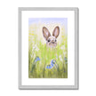 Cute Rabbit and meadow flowers art print in a silver frame with white mount.