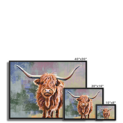 Colourful Scottish Highland Cow painting. Fine art canvas prints in a black picture frame. Different sizes