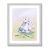 Adorable white rabbit, watering can and daisy flower painting. Fine art print in a silver frame.