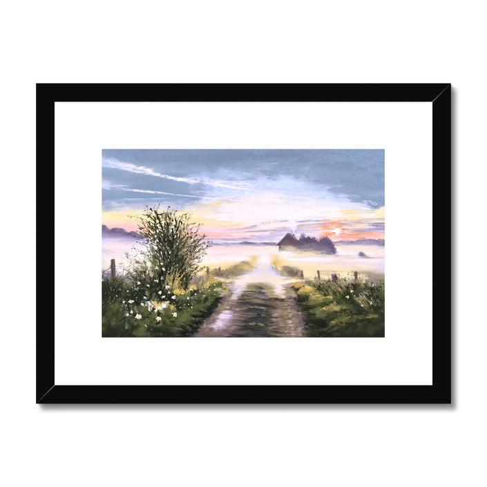 Foggy landscape at sunrise, fine art print with black frame and white mount