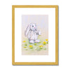 Adorable rabbit and dandelions artwork print in gold frame with white mount