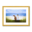 A Boy and His Dog at the beach painting. Fine art print in a golden frame. Landscape orientation