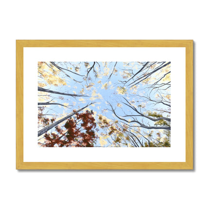 Fall tree canopy artwork, fine art print in gold frame. Portrait orientation.