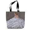 Elegant modern woman wearing a white dress artwork, ladies tote bag