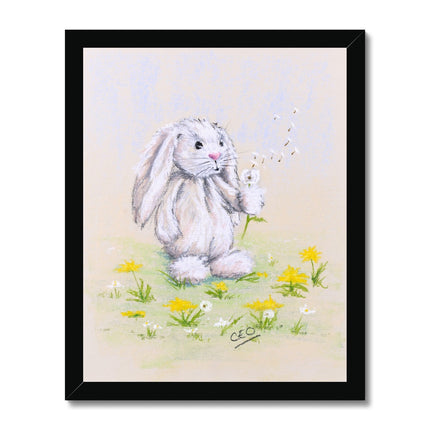 Adorable rabbit and dandelion flowers fine art nursery print in black frame. Portrait format.