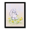 Adorable rabbit and dandelion flowers fine art nursery print in black frame. Portrait format.