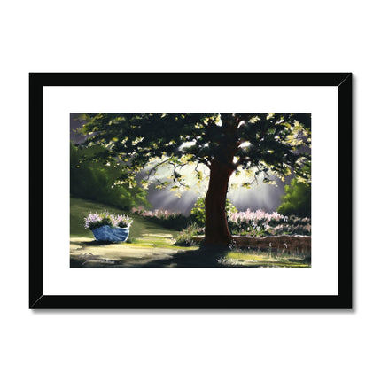 Tree, flowers and moonbeams, nocturne landscape fine art print in black frame with white mount.