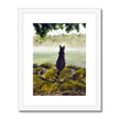 Black cat surveying the misty landscape, painting. Fine art print in a white frame with white mount