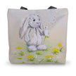 White Rabbit and dandelions artwork design tote bag.