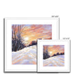 Snowy winter landscape at sunset painting. Square fine art prints in white frames with white mount. Different sizes