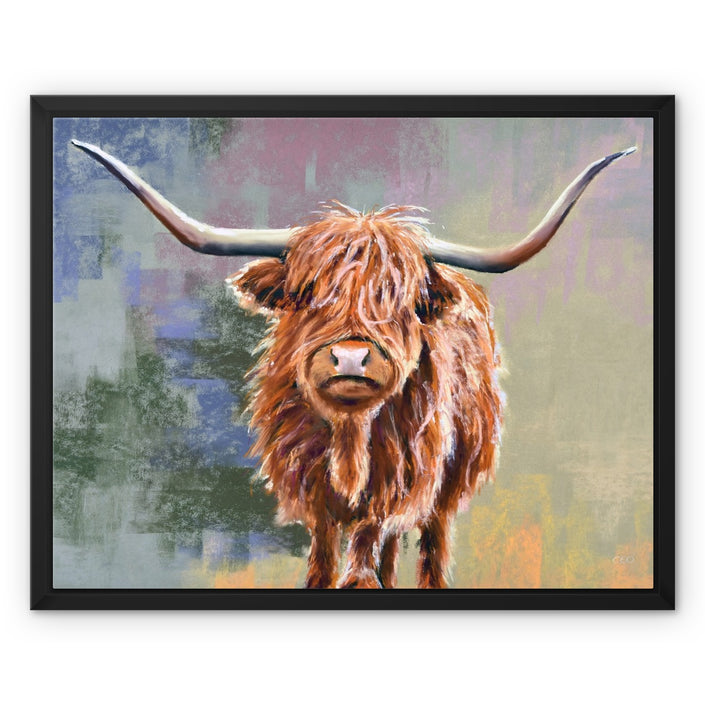 Colourful Scottish Highland Cow painting. Fine art canvas print in a black picture frame