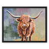 Colourful Scottish Highland Cow painting. Fine art canvas print in a black picture frame