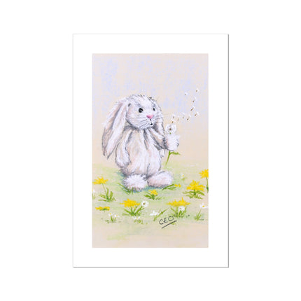 Cute white rabbit, dandelion seeds and flowers wall art canvas print.