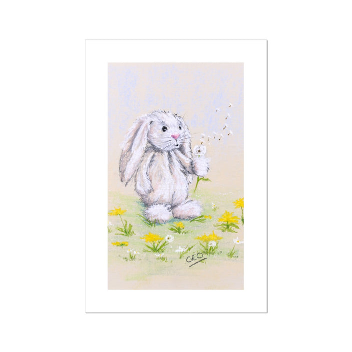 Cute white rabbit, dandelion seeds and flowers wall art canvas print.