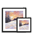 Snowy winter landscape at sunset painting. Square fine art prints in black frames with white mount. Different sizes