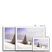 Winter landscape painting with fir trees covered in snow, art prints in white frame. Different sizes