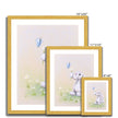 Adorable rabbit, flowers and butterfly nursery art prints in a gold frame. Portrait format. Different sizes