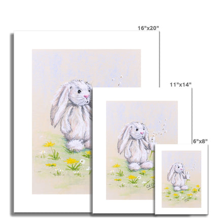 White rabbit blowing dandelion seeds artwork print from an original painting. Different sizes