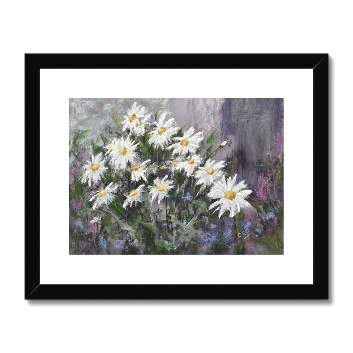 Fashionable white daisy flowers artwork, fine art print in black frame with white mount.