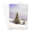 Winter landscape with little fir trees covered in snow, art greeting card. Portrait orientation