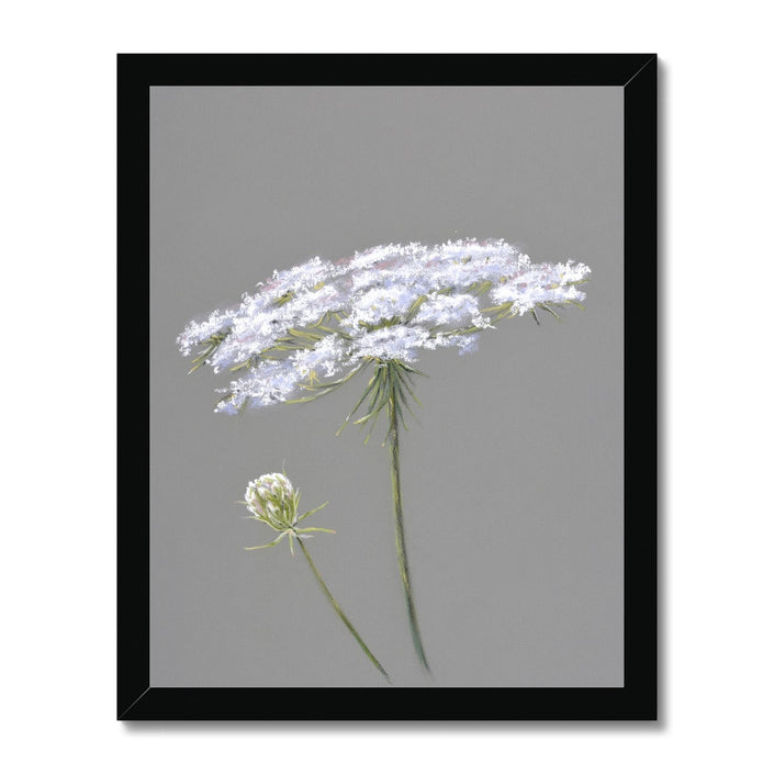 Single white flower on grey background. Artwork fine art print with black frame. Portrait orientation.