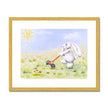 Rabbit, and flowers nursery fine art print with gold frame and white mount. Landscape format.