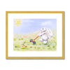 Rabbit, and flowers nursery fine art print with gold frame and white mount. Landscape format.