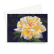 Golden yellow rose against a dark violet background, floral art greeting card. Landscape orientation